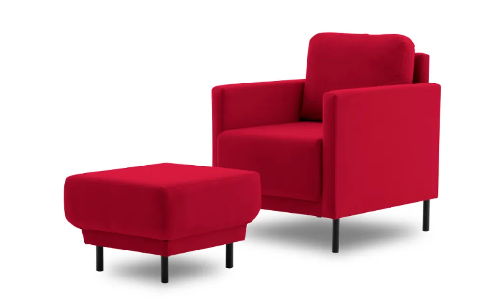 Sessel LAYA 55 mit Hocker - Polstersessel - Farben zur Auswahl - Minimalistisches Design - Holzfüße - Veloursstoff Stoff TRINITY 24 Rot
